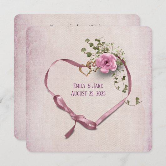 結婚式招待状ピンクリボンハート（リング付） 招待状 (正面/裏面)