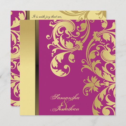 結婚式招待状ピンク金ゴールドきらめくフローラ旋回 招待状 (正面/裏面)