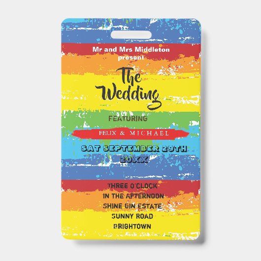 結婚式招待状フェスティバルレインボーおもしろい バッジ (Front)