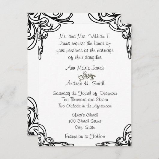 結婚式招待状ブラックコーナーが白に旋回 インビテーションポストカード (正面/裏面)