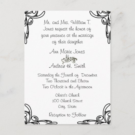 結婚式招待状ブラックコーナーが白に旋回 インビテーションポストカード (正面)