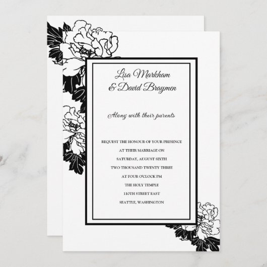 結婚式招待状ブラック&ホワイトフローラ招待状 招待状 (正面/裏面)