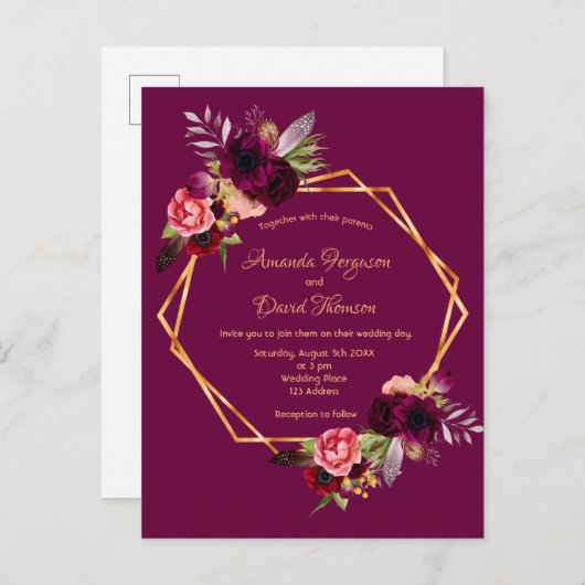 結婚式招待状ブルゴーニュ花模様幾何学 ポストカード (正面/裏面)