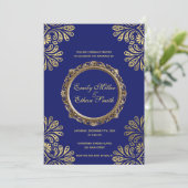 結婚式招待状ブルー金ゴールド抽象芸術フローラ 招待状 (スタンド正面)
