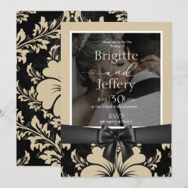 結婚式招待状ベージュとブラック伝統的写真 招待状