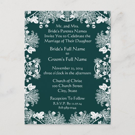 結婚式招待状ホワイトオンシーブルーヴィンテージ花 インビテーションポストカード (正面)