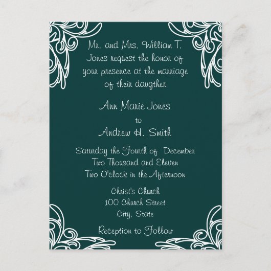 結婚式招待状ホワイトコーナーズスワーズオンシーブルー インビテーションポストカード (正面)