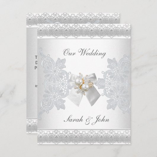 結婚式招待状ホワイトシルクレースパール宝石 招待状 (正面/裏面)
