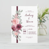 結婚式招待状マゼンタラインリボンフローラ セーブザデート (スタンド正面)