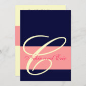 結婚式招待状モノグラム名ピンク、アイボリー海軍 招待状 (正面/裏面)