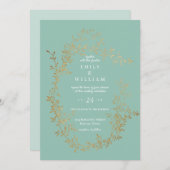 結婚式招待状レアティール（緑がかった色）ブルーグリーン金ゴールド 招待状 (正面/裏面)