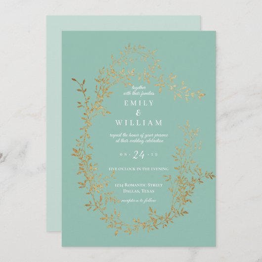 結婚式招待状レアティール（緑がかった色）ブルーグリーン金ゴールド 招待状 (正面/裏面)
