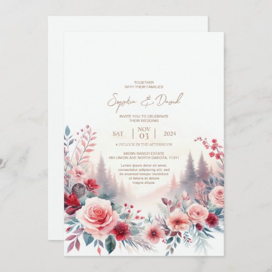 結婚式招待状レッドローズ&パイン 招待状 (正面/裏面)