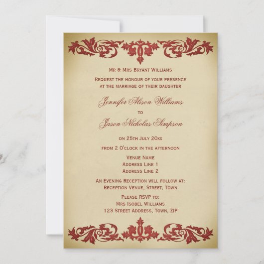 結婚式招待状ヴィンテージのリーフの巻き物 招待状 (正面)