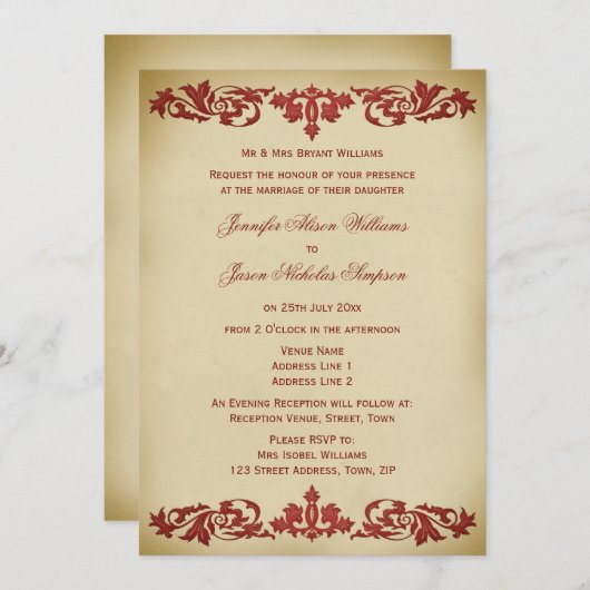 結婚式招待状ヴィンテージのリーフの巻き物 招待状 (正面/裏面)