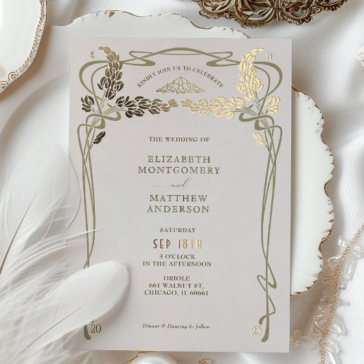 結婚式招待状ヴィンテージミニマルアールヌーボー 箔招待状