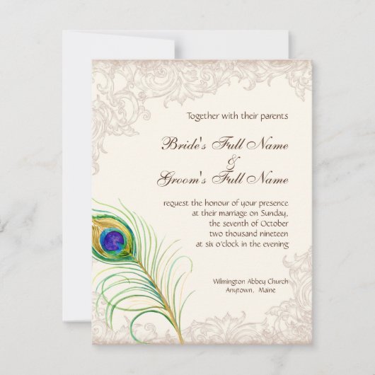 結婚式招待状ヴィンテージ孔雀フェザーエッチング 招待状 (正面)