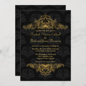 結婚式招待状ヴィンテージ金ゴールド充填剤 |黒 招待状 (正面/裏面)