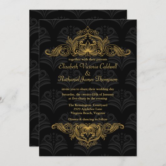 結婚式招待状ヴィンテージ金ゴールド充填剤 |黒 招待状 (正面/裏面)