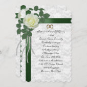 結婚式招待状白いバラ、緑のリボン 招待状 (正面/裏面)