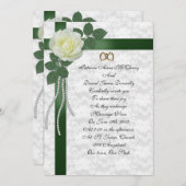 結婚式招待状白いバラ、緑のリボン 招待状 (正面/裏面)