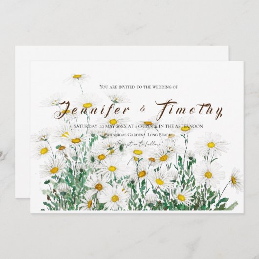 結婚式招待状白色デイジーインク及び水色 招待状 (正面/裏面)