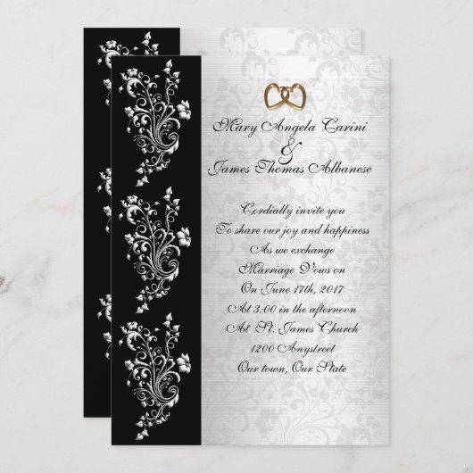 結婚式招待状白黒クラシックダマスク 招待状 (正面/裏面)