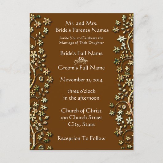 結婚式招待状茶色の渦巻きと花 インビテーションポストカード (正面)
