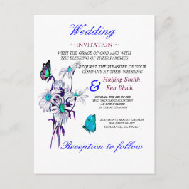 結婚式招待状蝶と青いデイジー インビテーションポストカード