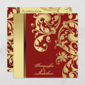 結婚式招待状赤金ゴールドきらめくフローラ渦巻き 招待状 (正面/裏面)