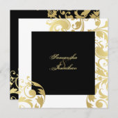 結婚式招待状金ゴールド白黒エレガントフローラ 招待状 (正面/裏面)
