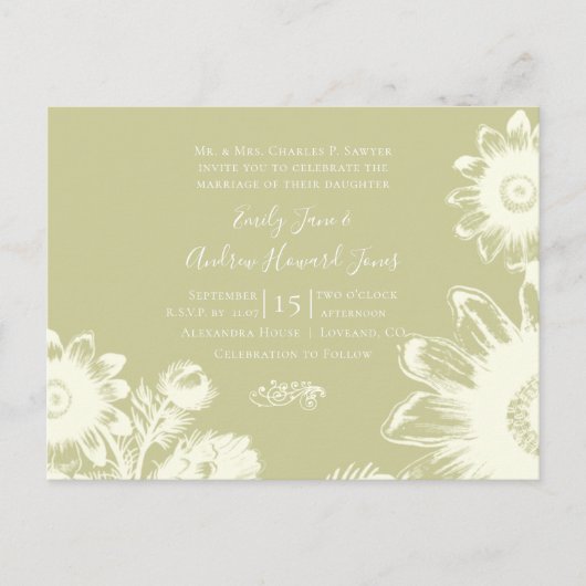 結婚式招待状黄色ヴィンテージ花 インビテーションポストカード (正面)