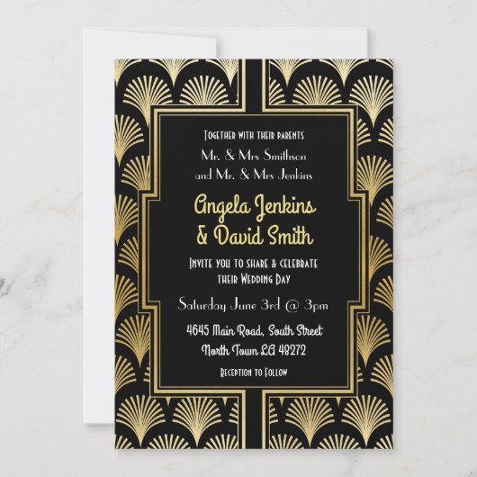 結婚式招待状1920のブラック金ゴールドアールデコファン 招待状 (正面)