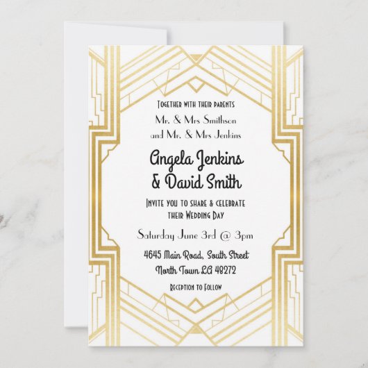 結婚式招待状1920のホワイトおよび金ゴールドアールデコ 招待状 (正面)