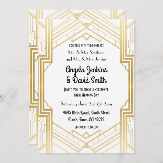 結婚式招待状1920のホワイトおよび金ゴールドアールデコ 招待状 (正面/裏面)