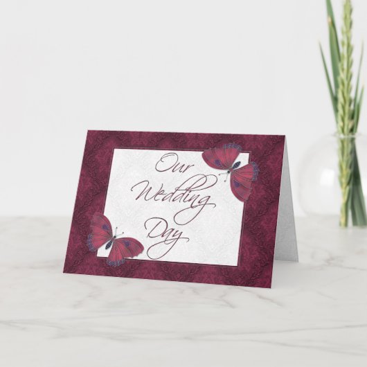 結婚式招待状5X7バタフライBrocade赤色 招待状 (正面)