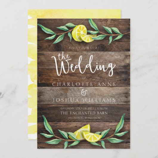 結婚式招待状 | ウッド素朴レモンの水彩 招待状 (正面/裏面)