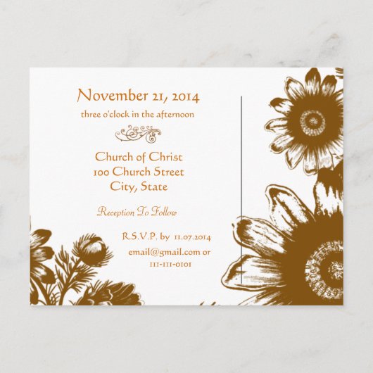 結婚式招待状 – オレンジ色のヴィンテージ花 案内ポストカード (裏面)