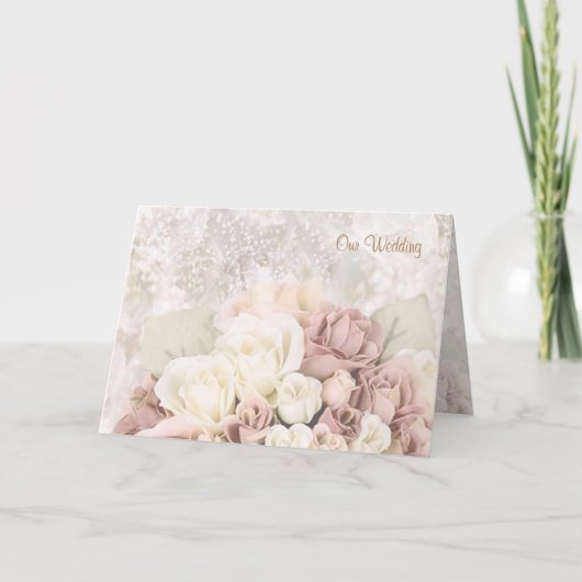 結婚式招待状 – クリーム色がかった白いピンクがかったバラ。 招待状 (正面)