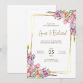 結婚式招待状 ゴールドフレーム ピンクの花 招待状 (正面/裏面)