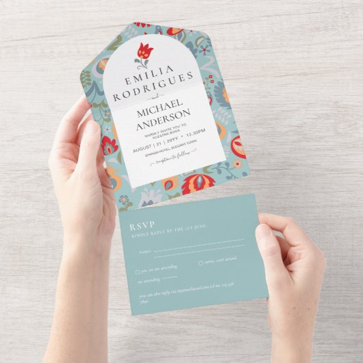 結婚式招待状 スペイン語 英語 RSVP フォークアート オールインワン招待状 (貼ってはがせる)