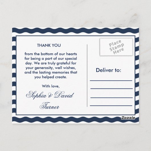 結婚式招待状 |ネイビ航海のー・ウェーブズありがとう ポストカード (裏面)