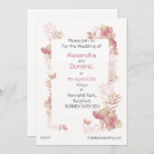 結婚式招待状 - ピンクの花と蝶のモチーフ 招待状 (正面/裏面)
