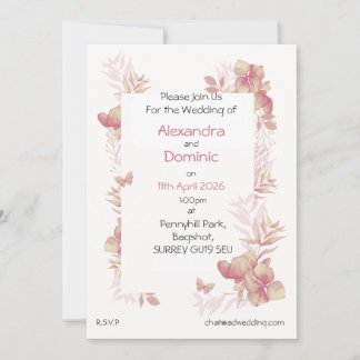 結婚式招待状 - ピンクの花と蝶のモチーフ 招待状