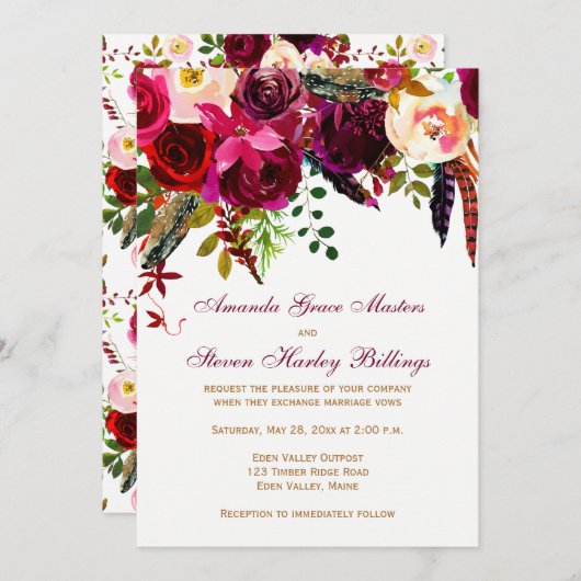 結婚式招待状 – ブルゴーニュフローラ、羽根 招待状 (正面/裏面)