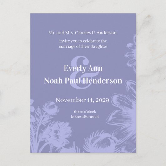 結婚式招待状 – ブルーパーウィンクルヴィンテージ花 案内ポストカード (正面)