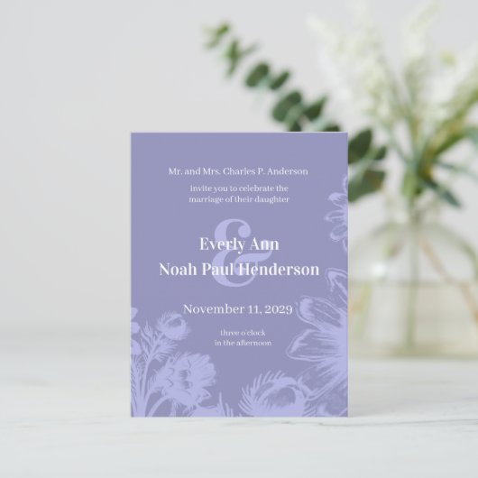 結婚式招待状 – ブルーパーウィンクルヴィンテージ花 案内ポストカード (スタンド正面)