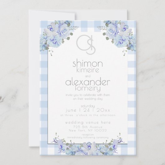 結婚式招待状 |モノグラムブルーギンガムフローラ 招待状 (正面)