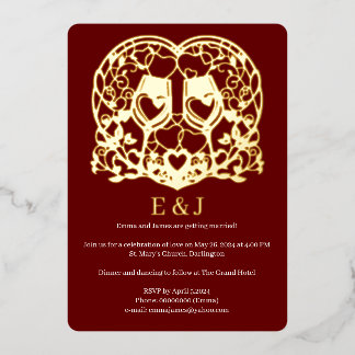 結婚式招待状,ワイングラス,ハート 箔招待状