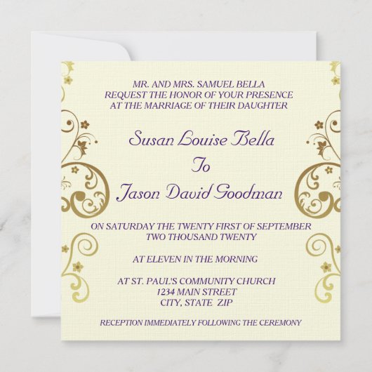 結婚式招待状--暗い紫色及び金ゴールドの渦巻 招待状 (裏面)